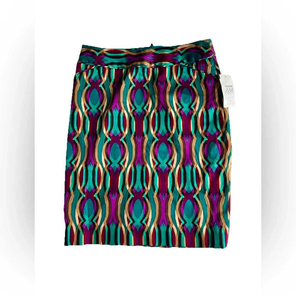Etcetera NWT Zulu Geometric Teal Sateen Pencil Skirt Low Rise Pockets Sz 00(XXS)